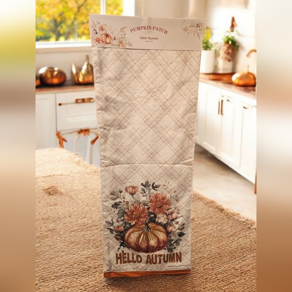 Pumpkin Patch "Hello Autumn" Table Runner - Cream and Brown. NWT. Size 14 x 72.
